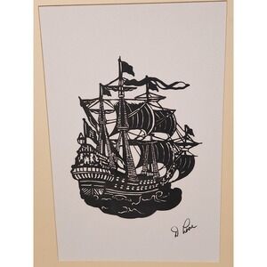 Handmade Intricate Woodcut  Silouhette Pirate Ship Art Signed D. Loose 18x24"